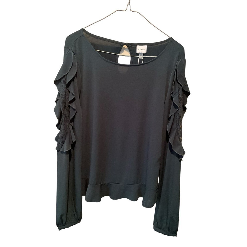 Cupid Lace Ruffle Top Women's Large Dark Green Polyester Boat Neck Long Sleeve